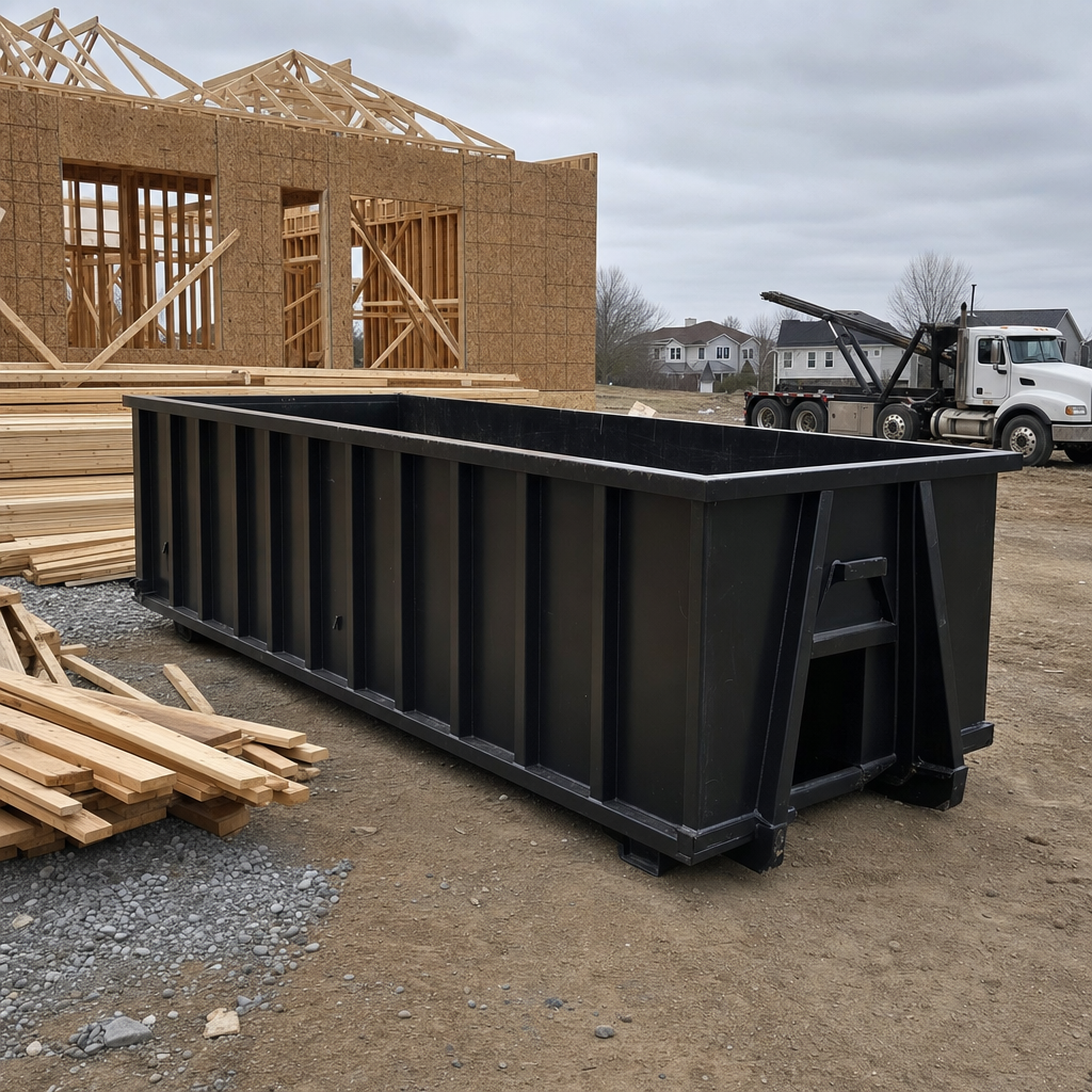 Matte-black 40-yard roll-off dumpster staged on a framed-out residential construction site in Round Rock, framing lumber stacked nearby, hooklift delivery truck visible in the background under bright Colorado daylight