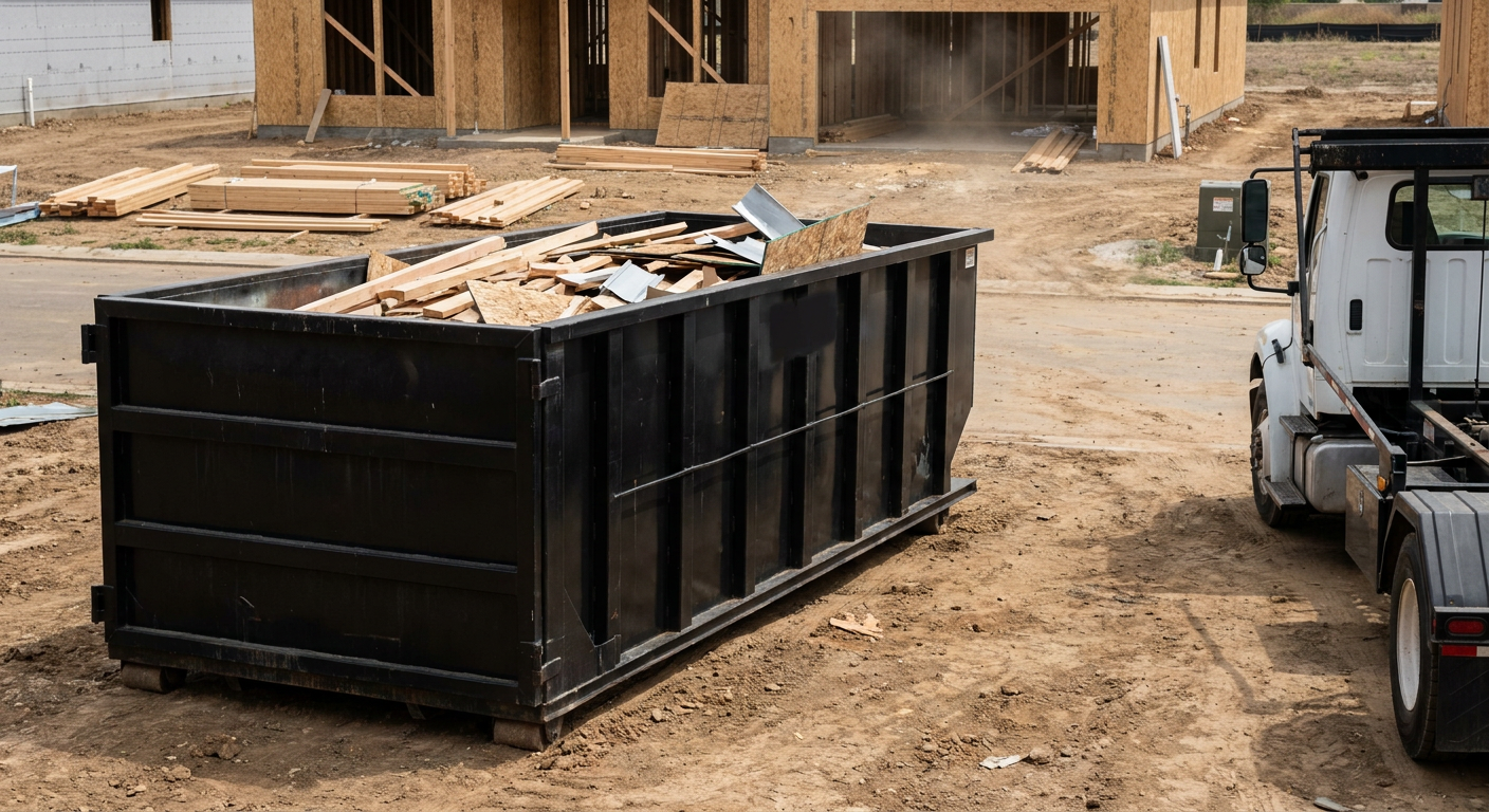 Matte-black 20-yard roll-off construction dumpster with heavy ribbed steel sidewalls and swing rear doors at a working jobsite in Round Rock, sitting directly on compacted dirt with an unmarked white hauler partially visible at the far edge of the frame.