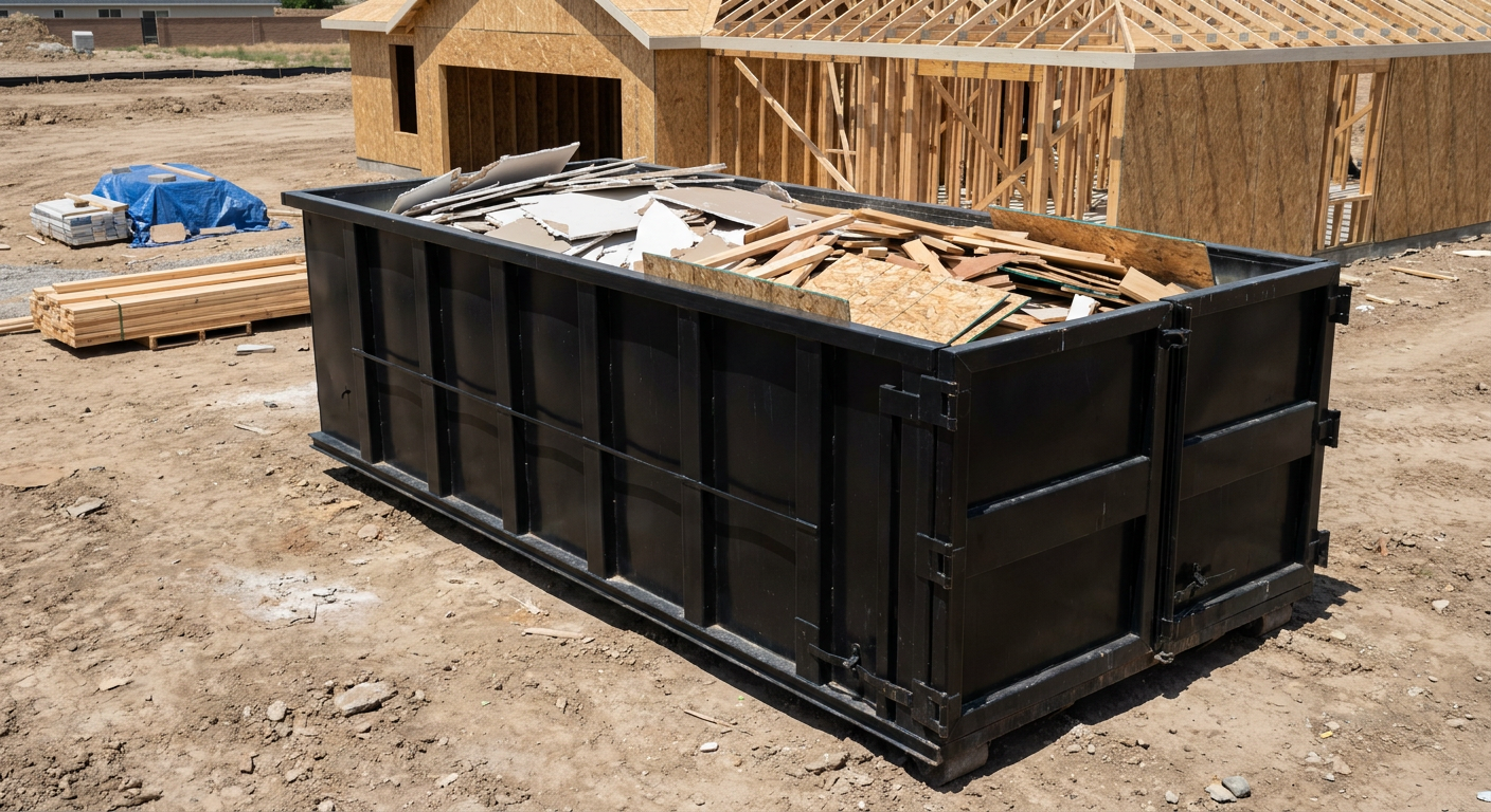 Matte-black 30-yard roll-off construction dumpster sitting directly on the compacted-dirt site of a framed single-family home build in Round Rock, drywall and lumber scrap loaded inside.