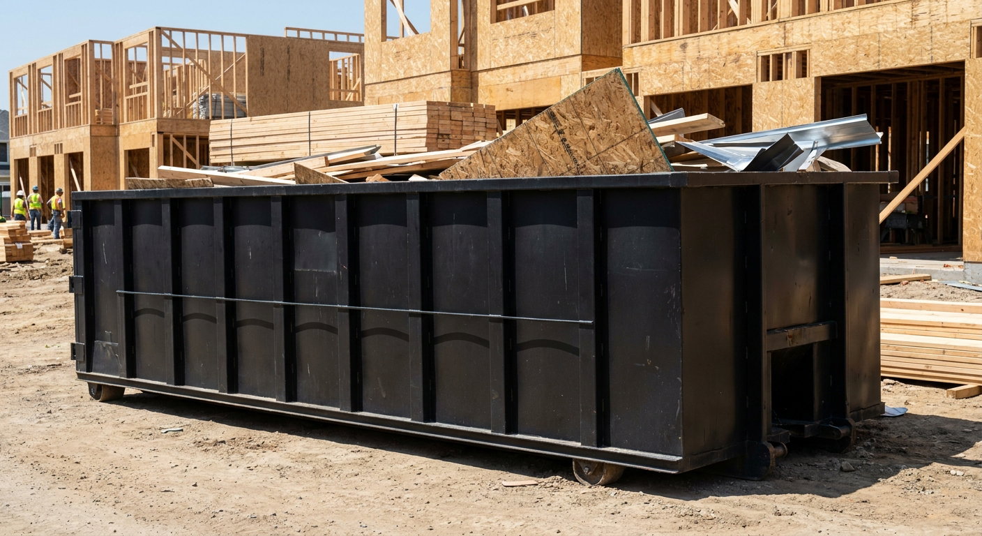 Matte-black 40-yard roll-off construction dumpster being lowered from a white-cab hooklift delivery truck onto the compacted-dirt jobsite at a commercial build site in Round Rock