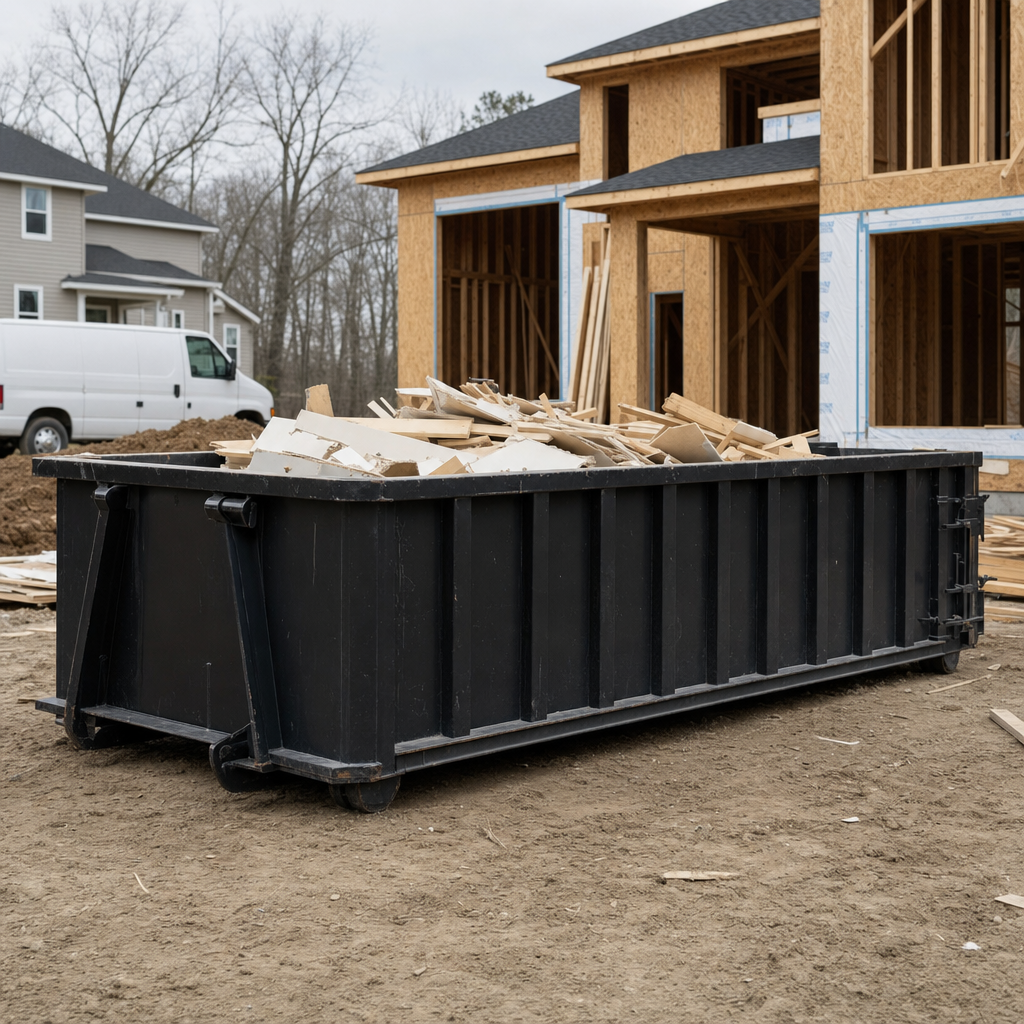 Worker in a yellow high-visibility vest tossing framing lumber and broken drywall into a matte-black 30-yard construction roll-off dumpster on an active build site in Round Rock, bright daylight