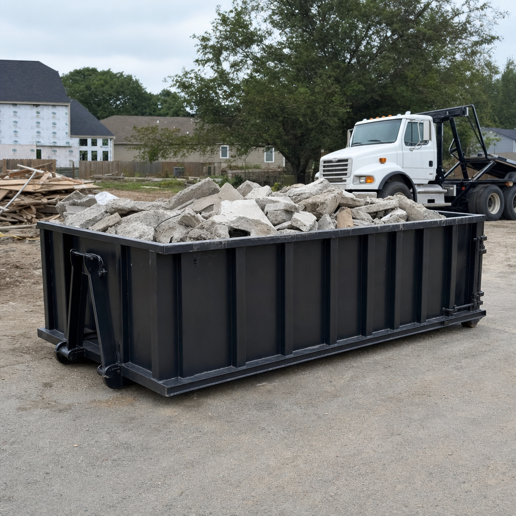 Low-profile matte-black lowboy roll-off dumpster loaded with broken concrete slab and rebar at a foundation tear-out in Round Rock, skid steer parked beside it, sunny Colorado morning