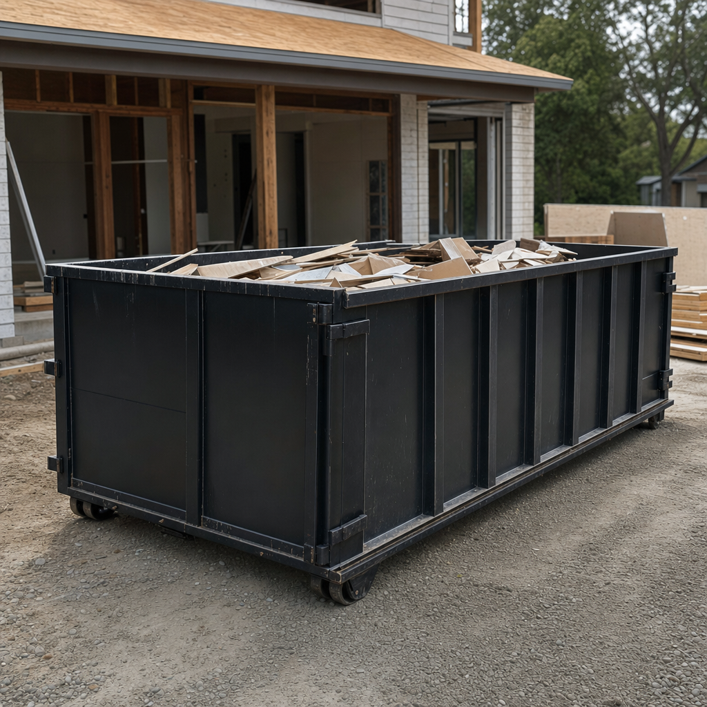 Large matte-black 30-yard construction roll-off dumpster at an active Round Rock jobsite, steel-gray top rails and bottom rollers visible, loaded with construction debris.