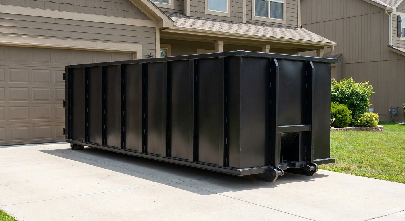 Matte-black residential roll-off dumpster sitting directly on a suburban Round Rock concrete driveway, garage door closed, single-family home in background, bright morning daylight.