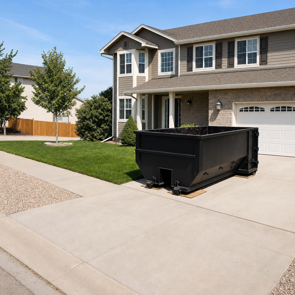 10-yard matte-black residential dumpster placed directly on a narrow Round Rock concrete driveway, room remains for a parked sedan beside it, mid-morning natural light