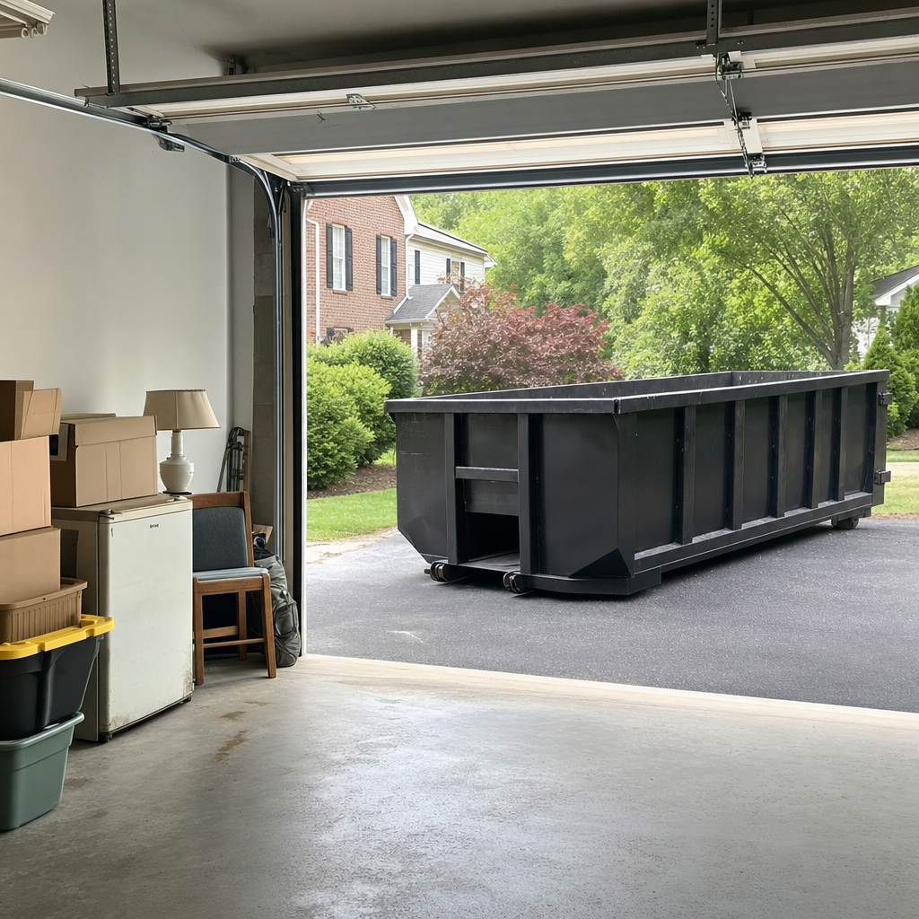 Open garage interior in a Round Rock home mid-cleanout — boxed items, an old appliance, and stacked yard tools queued near the driveway for a matte-black roll-off dumpster, organized and calm