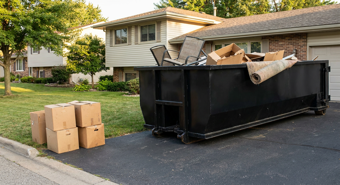 Front-yard view of a Round Rock split-level home with a 20-yard matte-black roll-off dumpster sitting directly on the asphalt driveway, a few clearly labeled donation boxes staged at the curb, calm sunny afternoon.