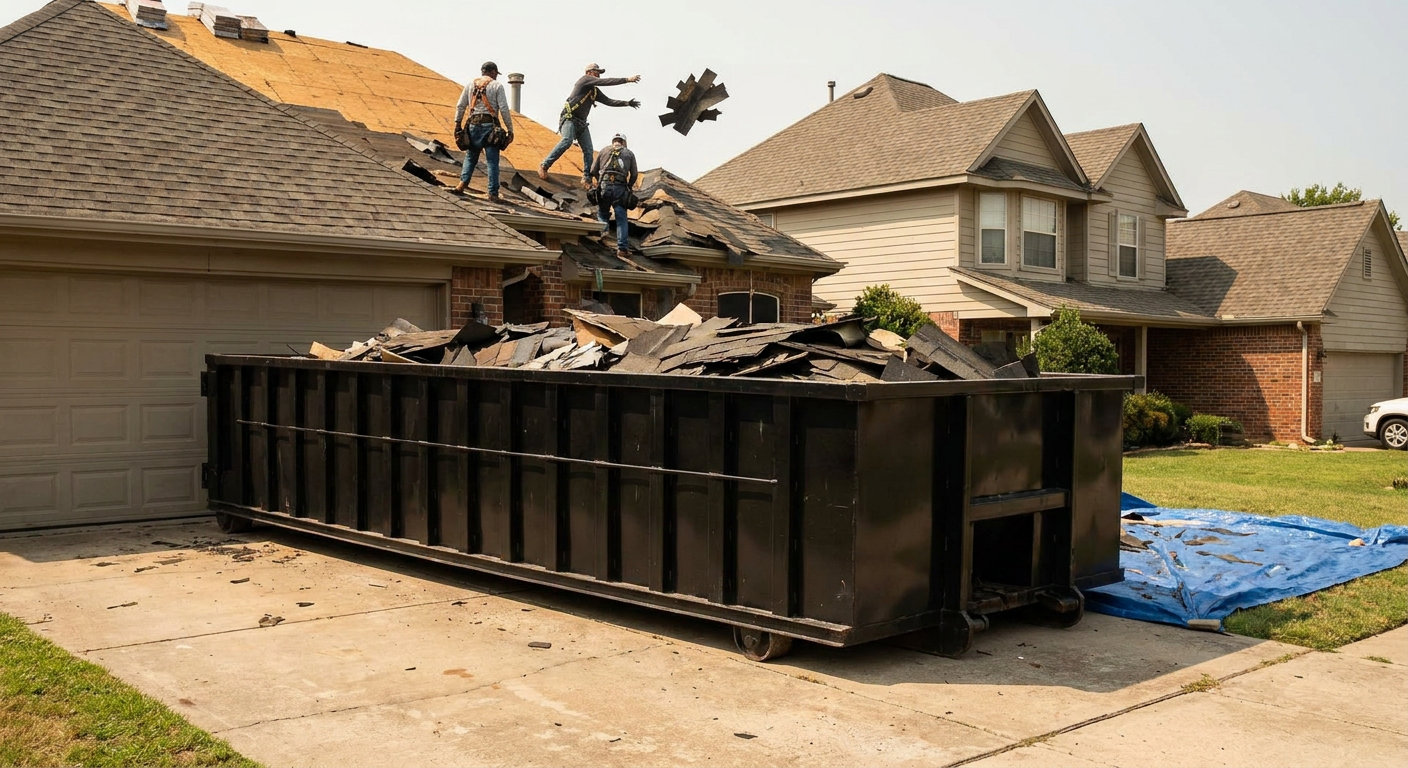 Matte-black roofing roll-off dumpster placed directly on a Round Rock residential concrete driveway, a tear-off crew on a two-story asphalt-shingle roof tossing shingle bundles into the low-walled container, bright daylight, documentary 35mm perspective.
