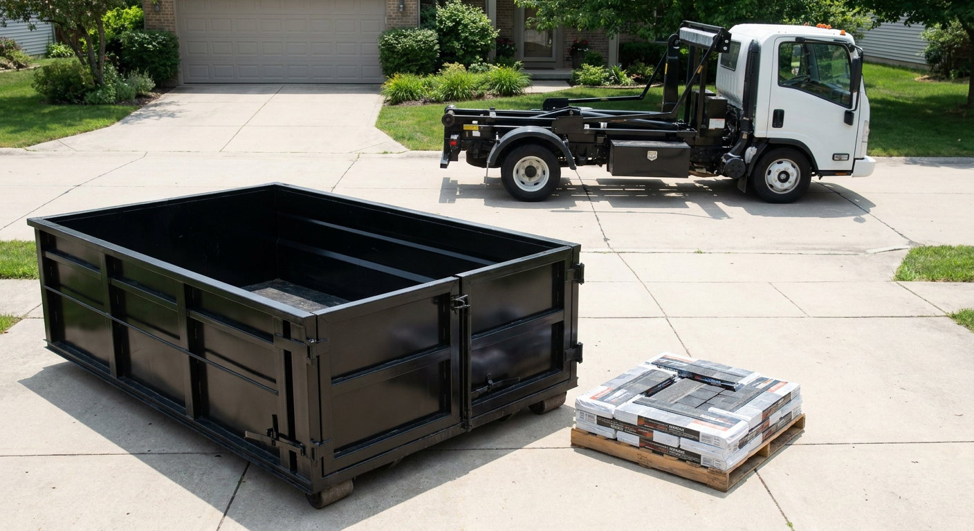 Matte-black 15-yard roofing roll-off dumpster with reinforced low side walls sitting directly on a Round Rock residential concrete driveway, three-tab asphalt shingle bundles stacked nearby, an unmarked white hauler truck partially visible at the edge of the frame.