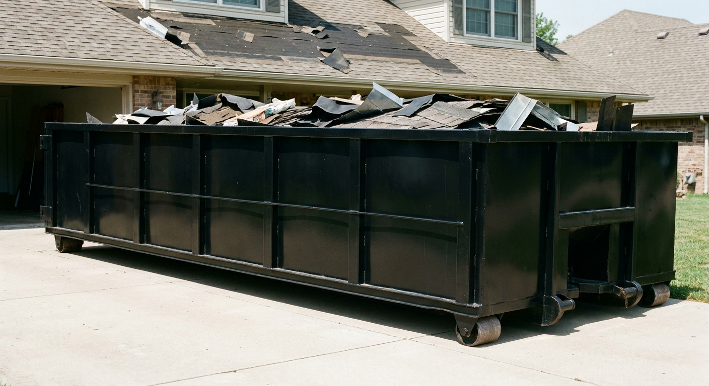 Matte-black 20-yard roofing roll-off dumpster with steel ribbed sides and swinging rear door, sitting directly on the concrete driveway of a two-story Round Rock home, asphalt shingle debris being loaded over the low wall, clean documentary lighting.