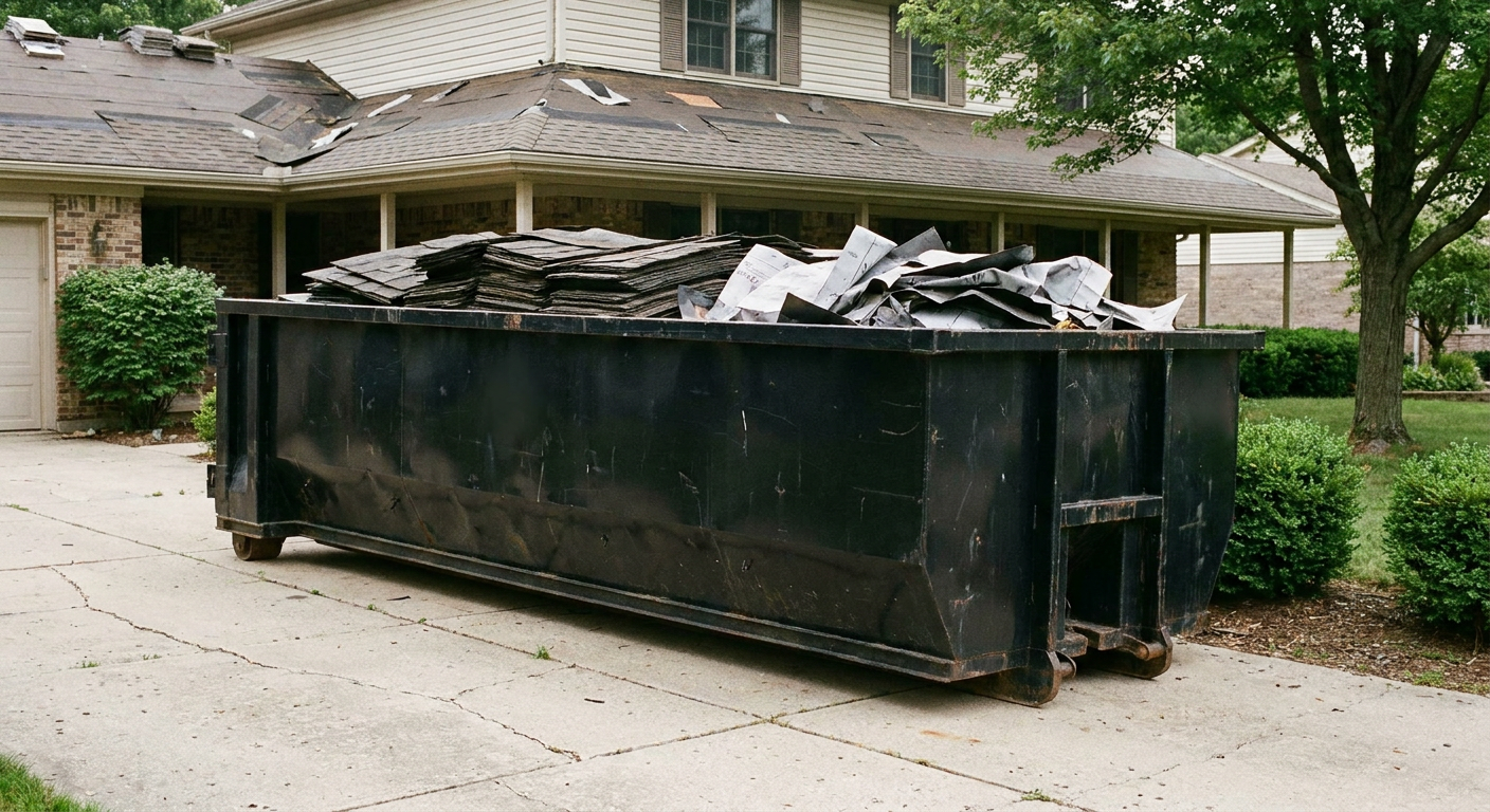 Matte-black 30-yard roofing roll-off dumpster sitting directly on a Round Rock concrete driveway, taller ribbed steel side panels, mixed tear-off debris of asphalt shingles and underlayment inside, professional documentary daylight.