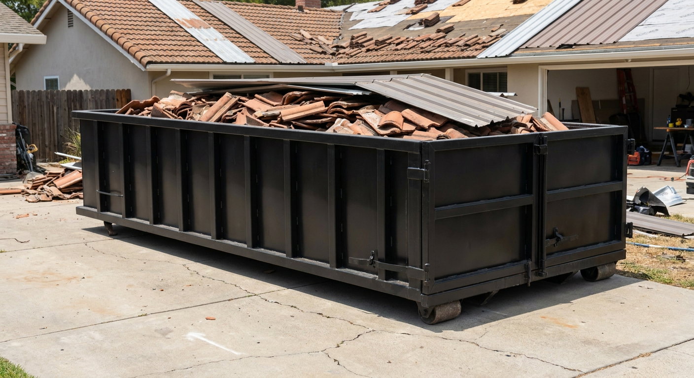 Matte-black low-wall heavy-debris roofing roll-off dumpster sitting directly on a Round Rock concrete driveway, broken concrete clay roof tiles and metal panel sections loaded inside, reinforced ribbed steel side walls visible, bright outdoor daylight.