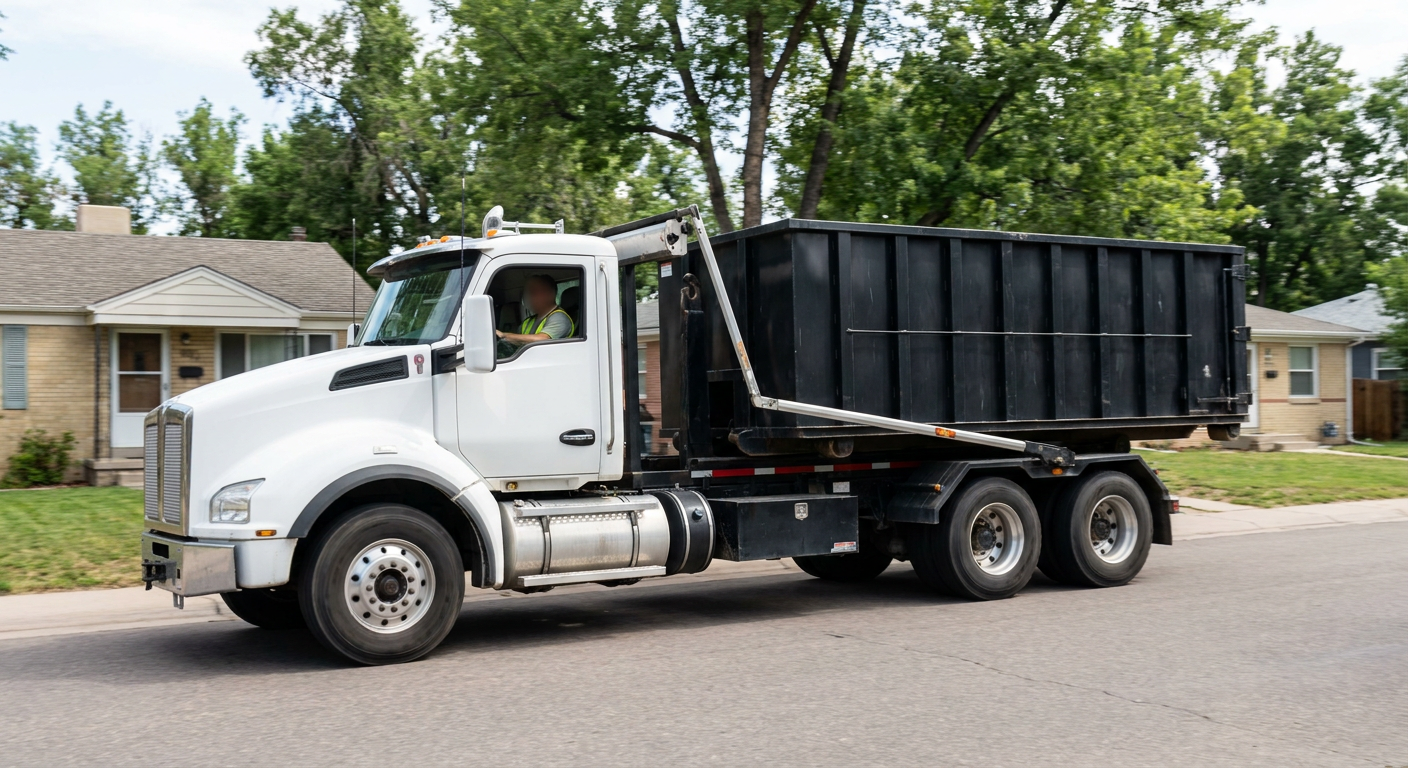 A wide documentary shot of a matte-black roll-off delivery truck pulling onto a quiet Round Rock residential street at mid-morning, with neighborhood rooftops and tree-lined blocks visible behind, showing the metro coverage footprint.