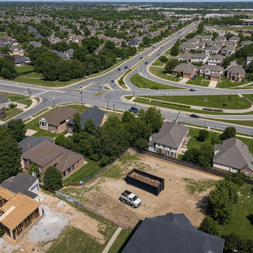 An overhead documentary view of the Round Rock metro area at midday, showing the spread of neighborhoods, arterial roads, and the dispatch radius from a central yard — clean daylight, organized geographic layout.