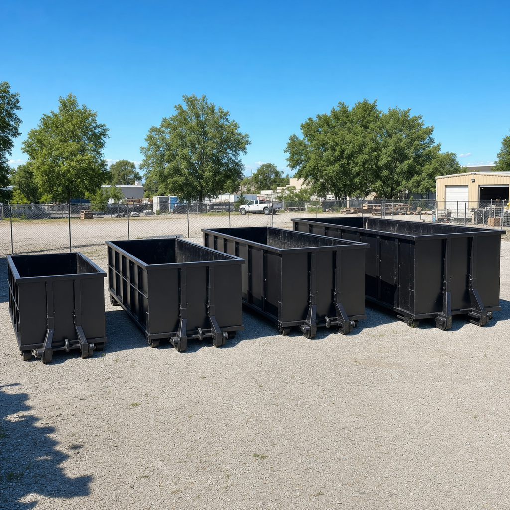 A clean lineup of matte-black roll-off dumpsters in 10, 20, 30, and 40-yard sizes staged on a sunlit gravel yard in Round Rock, showing the size progression from compact to commercial-scale containers.