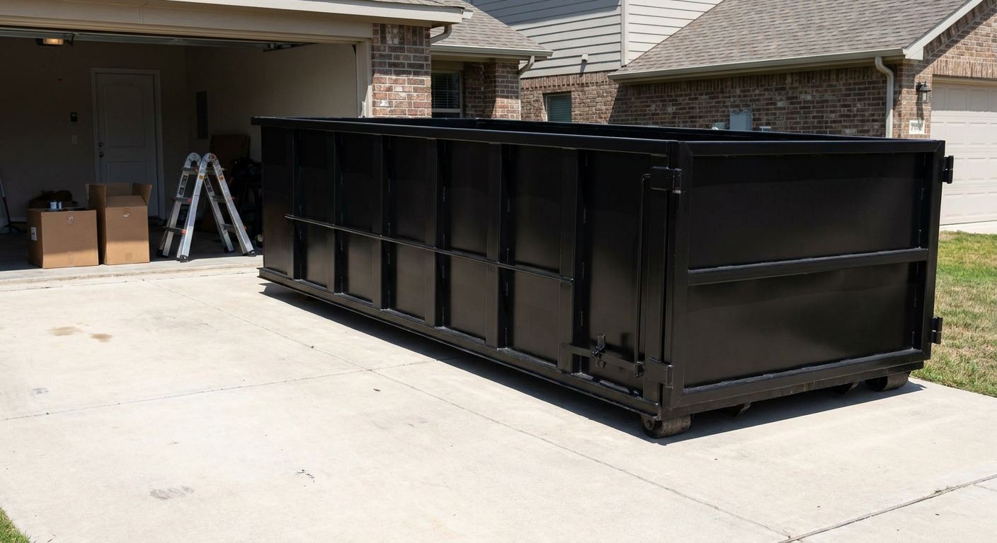 A matte-black 10-yard roll-off dumpster sitting directly on a residential Round Rock concrete driveway, mid-day sunlight, clean and ready for a garage cleanout.