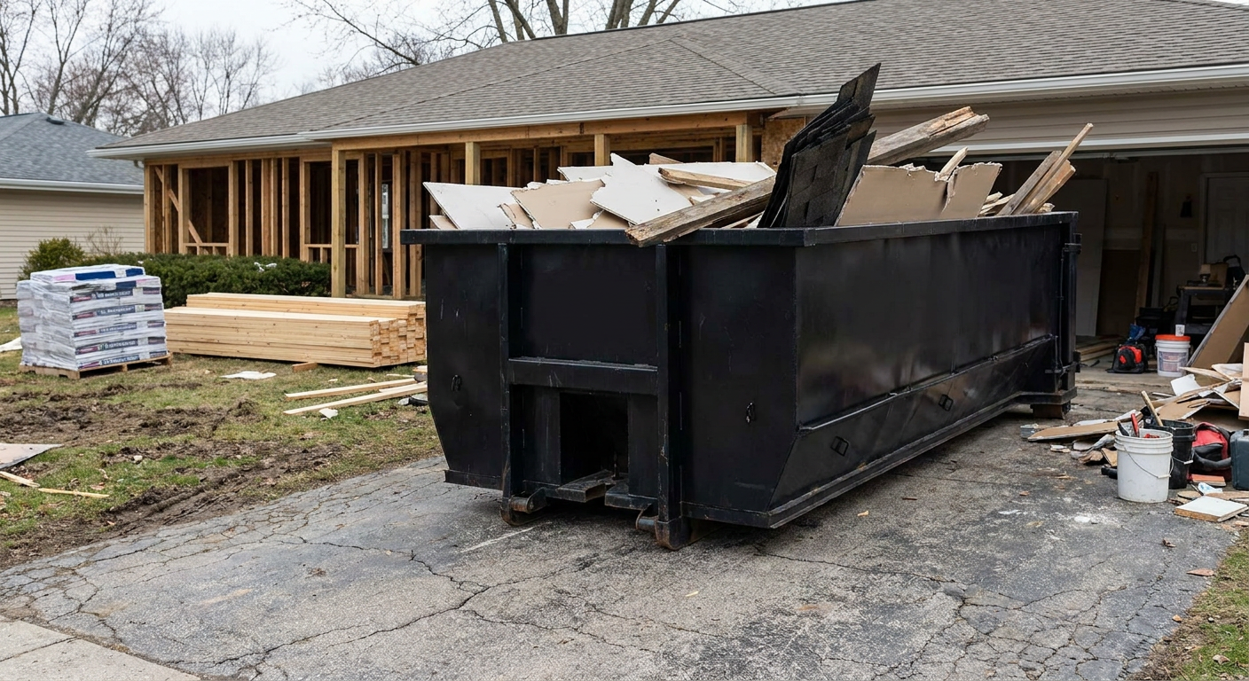 A matte-black 20-yard roll-off dumpster placed alongside a mid-renovation Round Rock home directly on the asphalt driveway, with framing materials and torn-off shingles staged neatly nearby.
