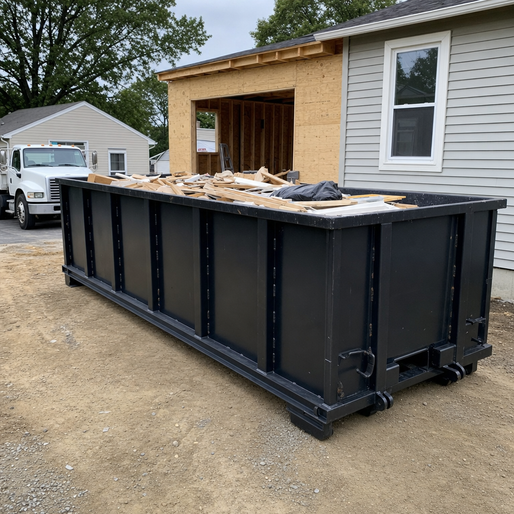 A matte-black 30-yard roll-off dumpster positioned at a Round Rock residential addition jobsite, with framing lumber and drywall scraps loaded through the open swinging rear doors.