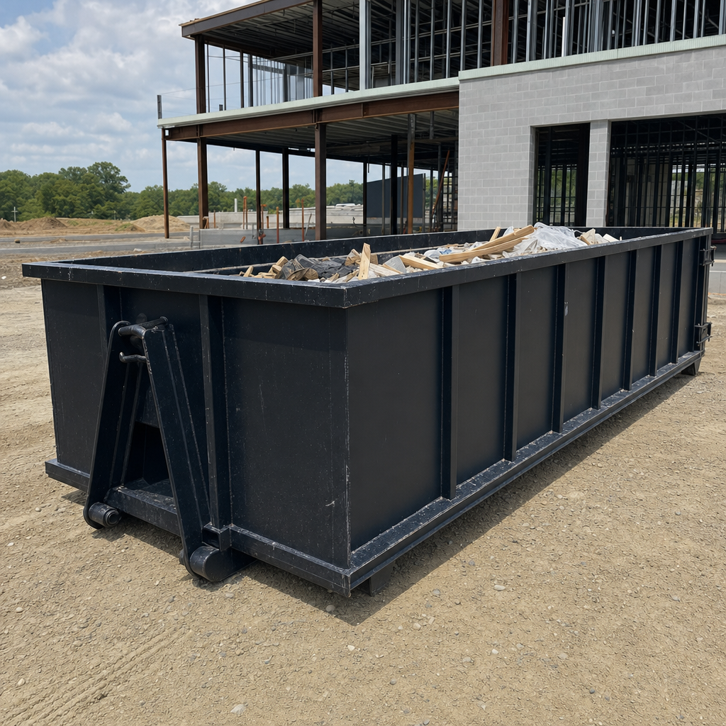 A matte-black 40-yard roll-off dumpster staged on a large Round Rock commercial construction lot, with a hooklift delivery truck parked alongside under bright midday sky.