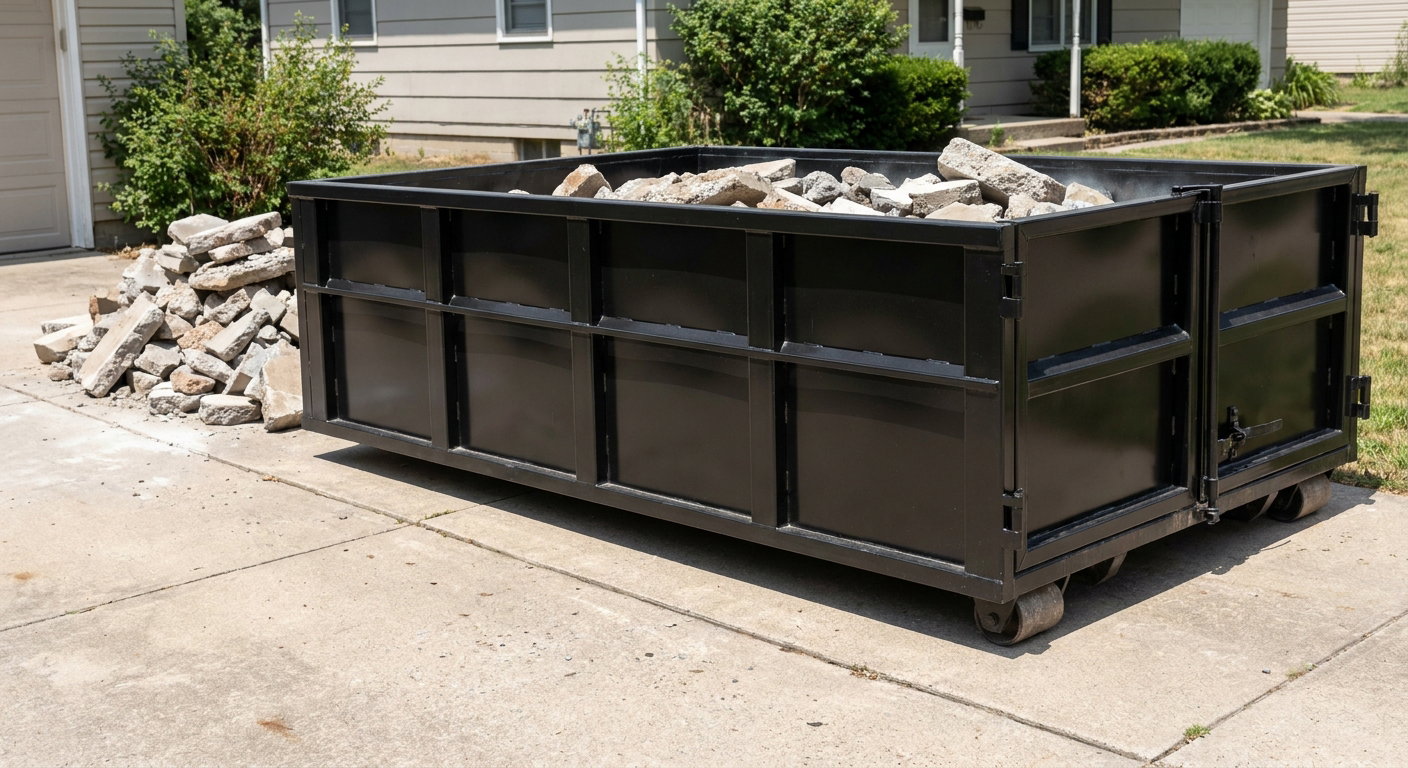 A matte-black low-side heavy-debris roll-off dumpster placed directly on a Round Rock concrete driveway, with broken concrete chunks neatly stacked beside it under clean daylight.